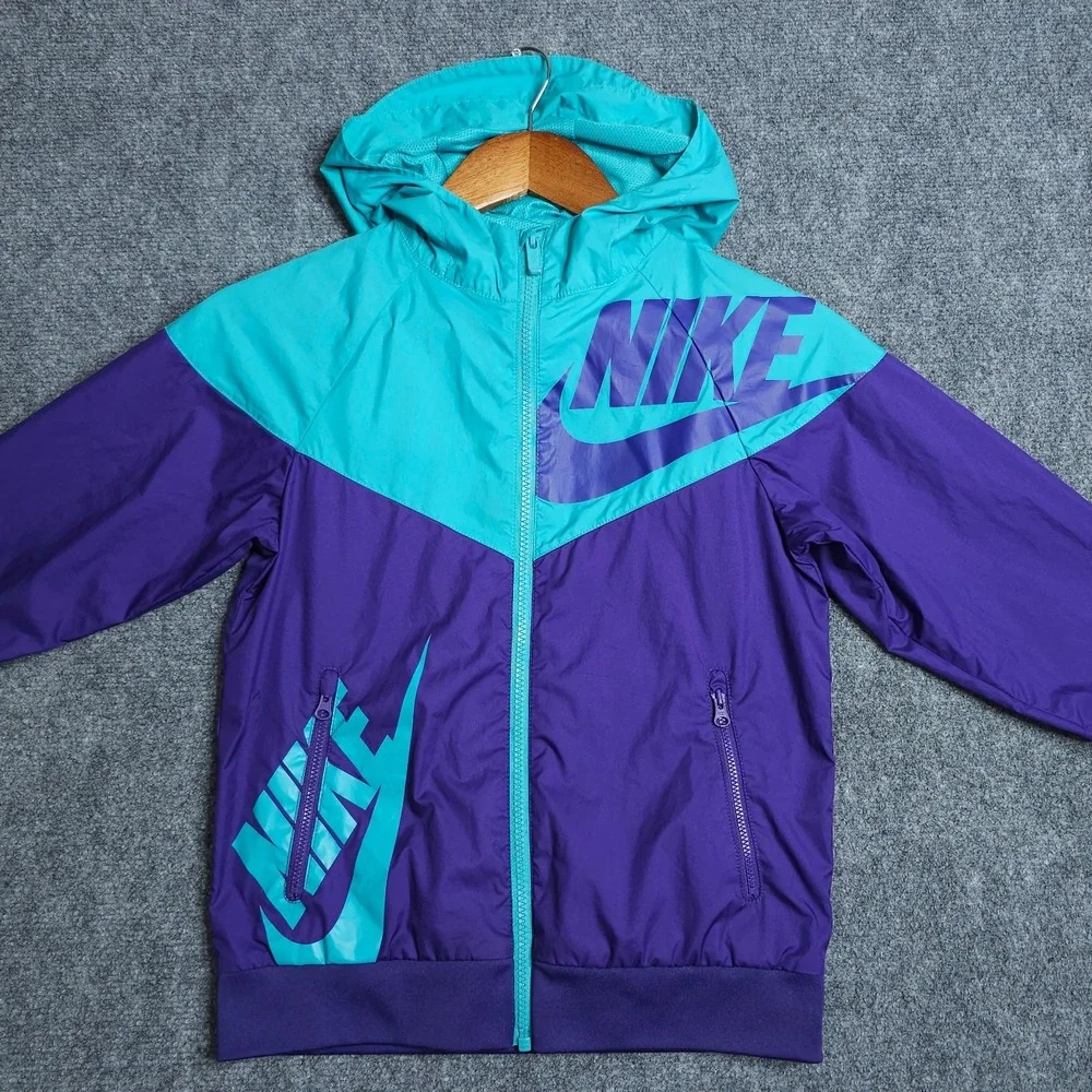 Nike Windrunner Jacket Youth Size Small Teal Purple Big Logo Hooded Windbreaker